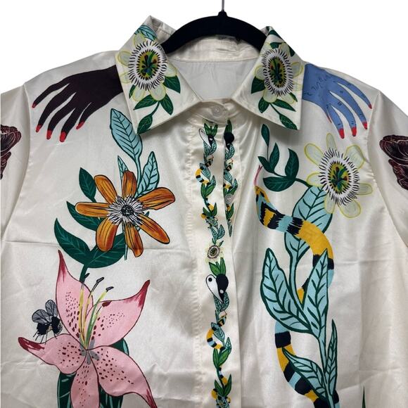 Womens Art Shirt Surreal Print Button-Up Cheetah Rider Snake Yin Yang Size Small - Picture 2 of 9